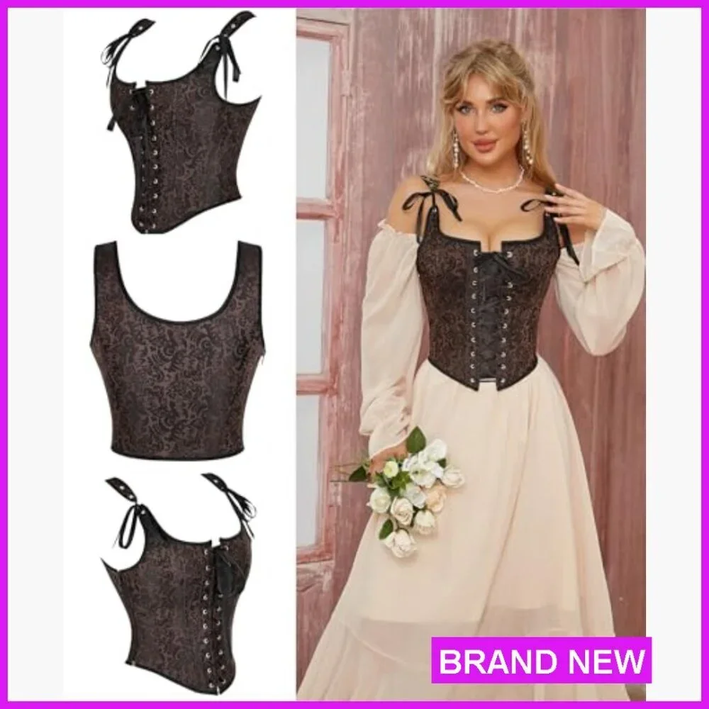 Vintage Renaissance Floral Corset Top Overbust Bustier Lace-Up Boned Bodyshaper